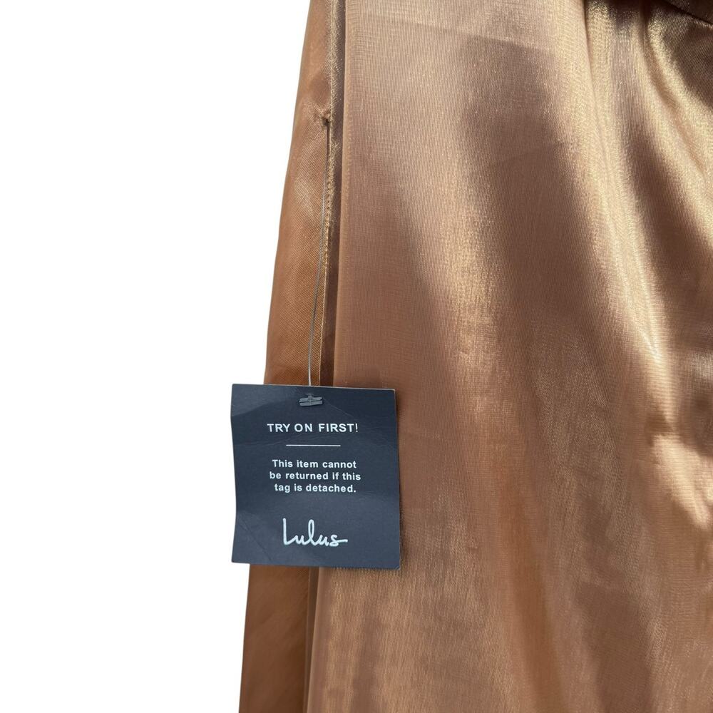 Lulu’s NWT Chicly Stunning Shiny Brown Organza Strapless Belted Midi Dress - Picture 12 of 14